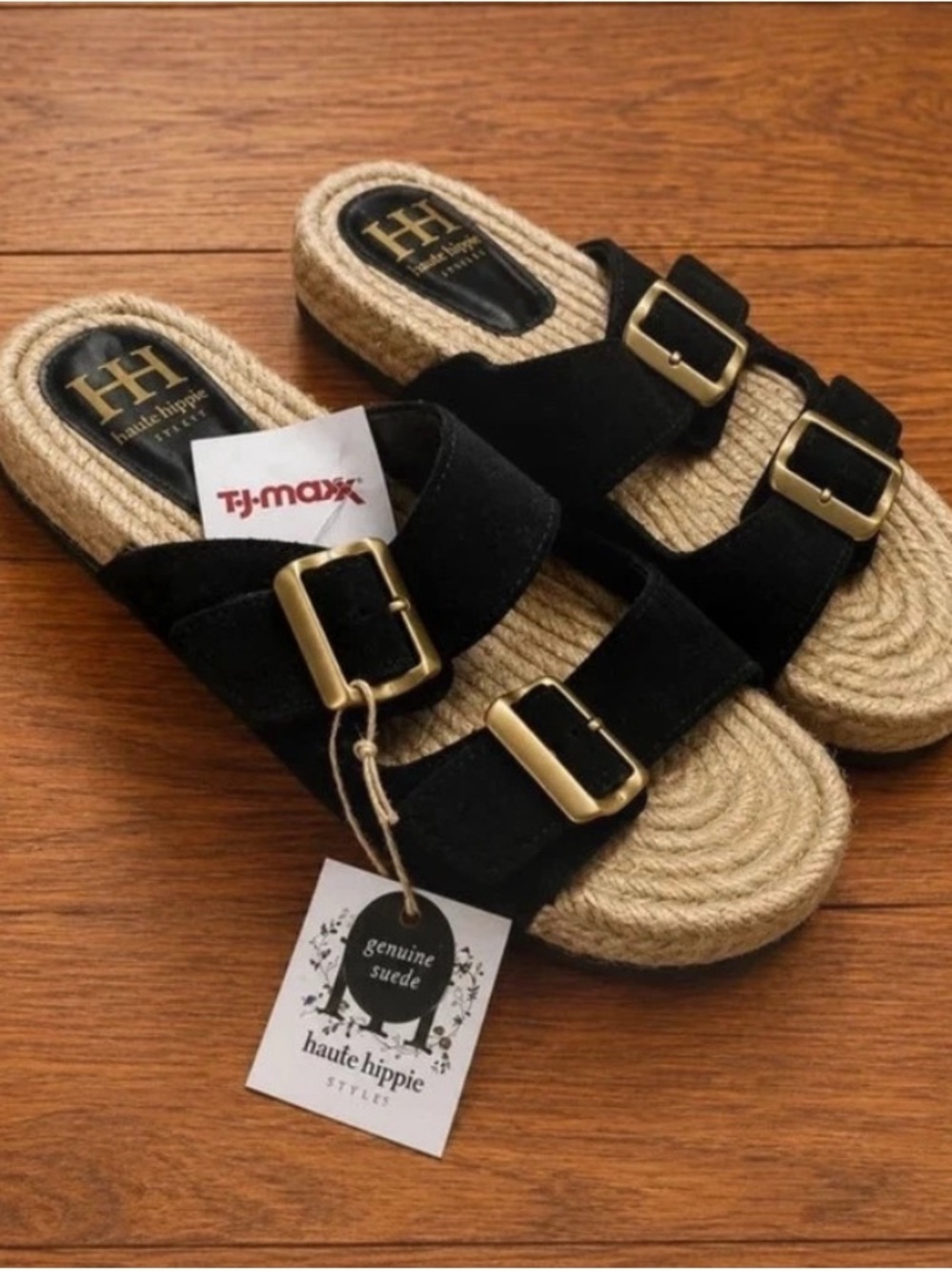 Haute Hippie Black Suede Double-Buckle Espadrille Slide Sandals